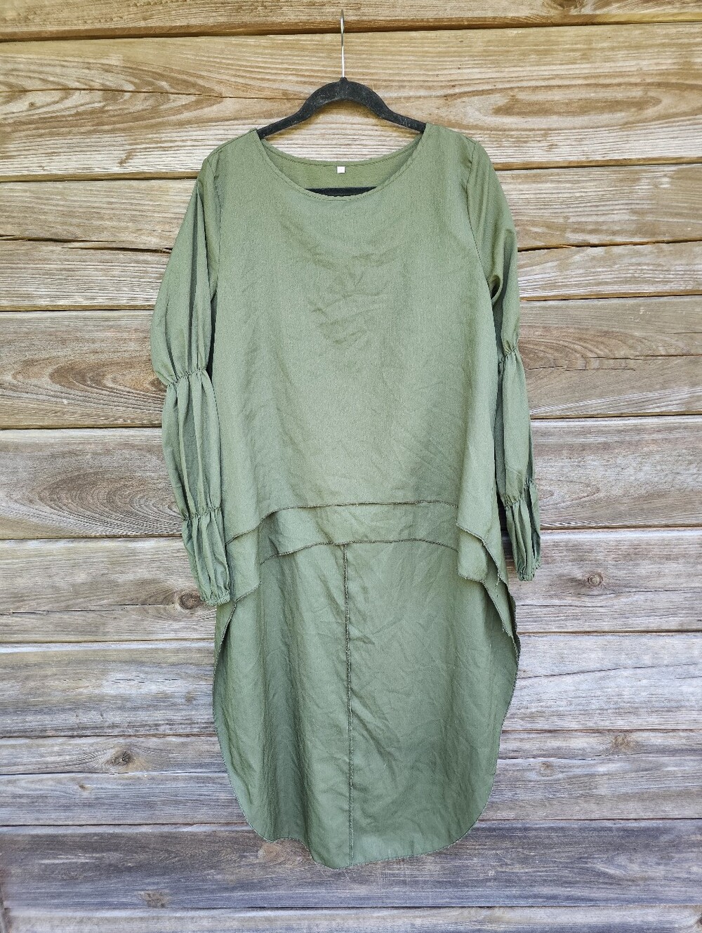 Olive Green Layered High-Low Tunic Shirt Long Sleeve Boho Oversized Medium
